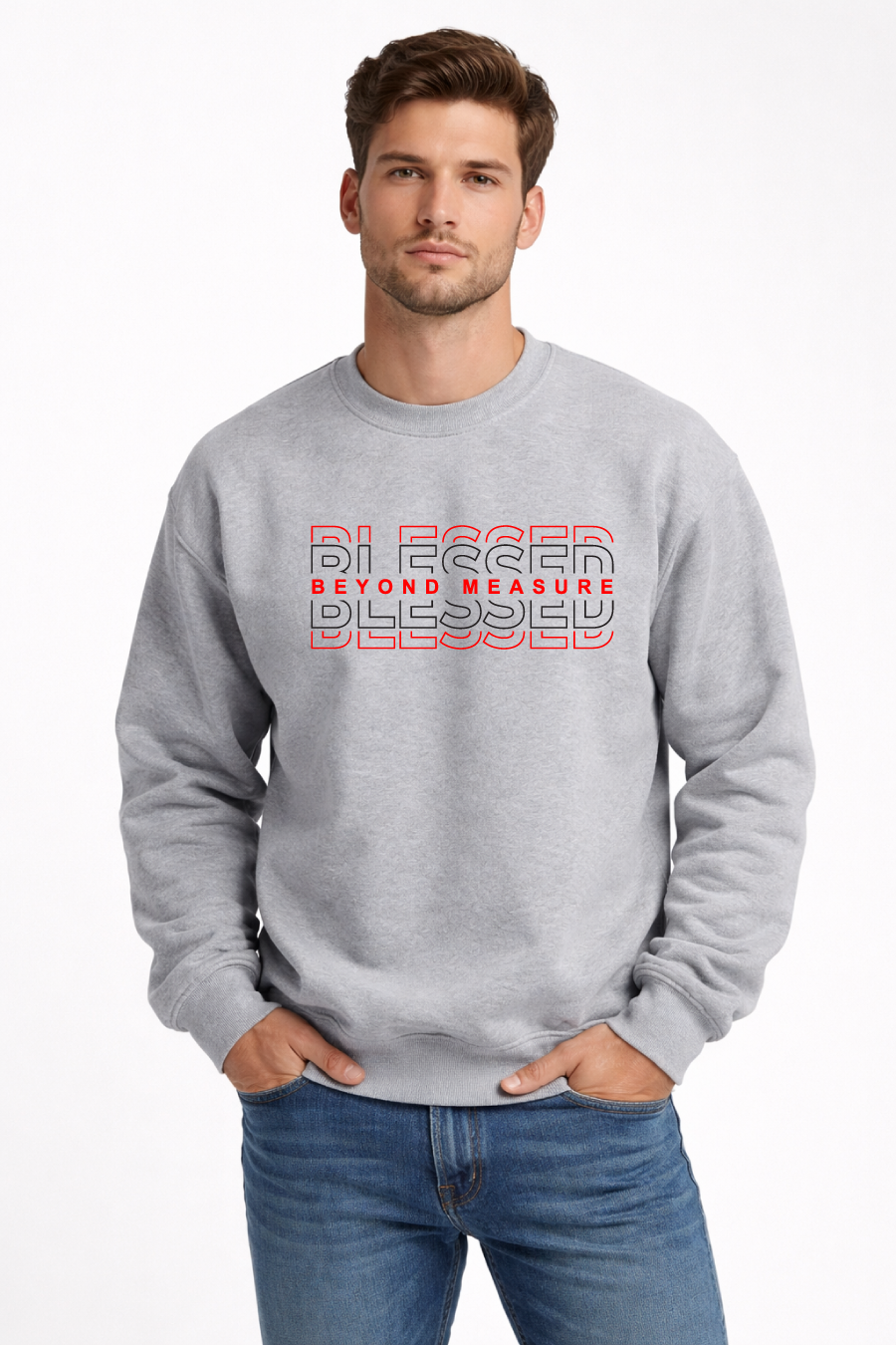 Man wearing a gray sweatshirt with text .
