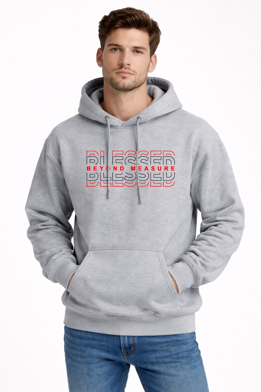 Man wearing a gray hoodie with 'Blessed Beyond Measure' text.