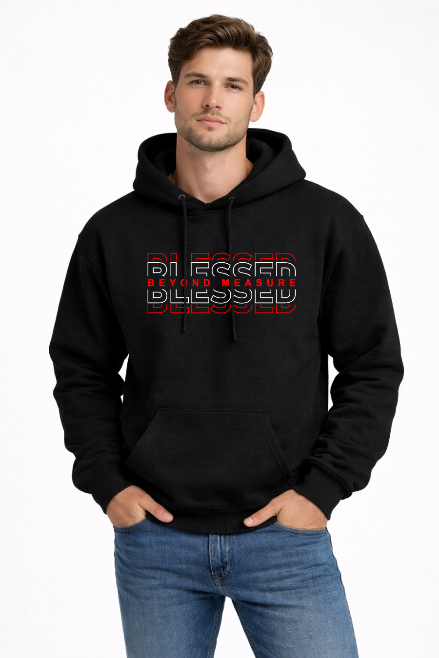 Man wearing a black hoodie with 'Blessed Beyond Measure' text.