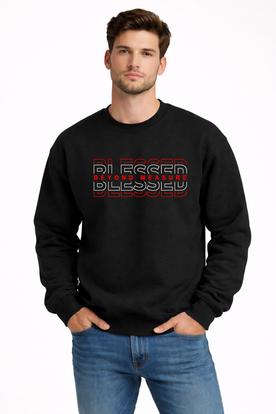 Man wearing a black sweatshirt with 'Blessed Beyond Measure' text.
