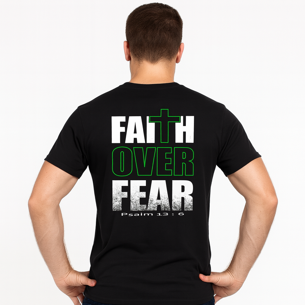 Person wearing a black t-shirt with 'Faith Over Fear' text and cross on the back.