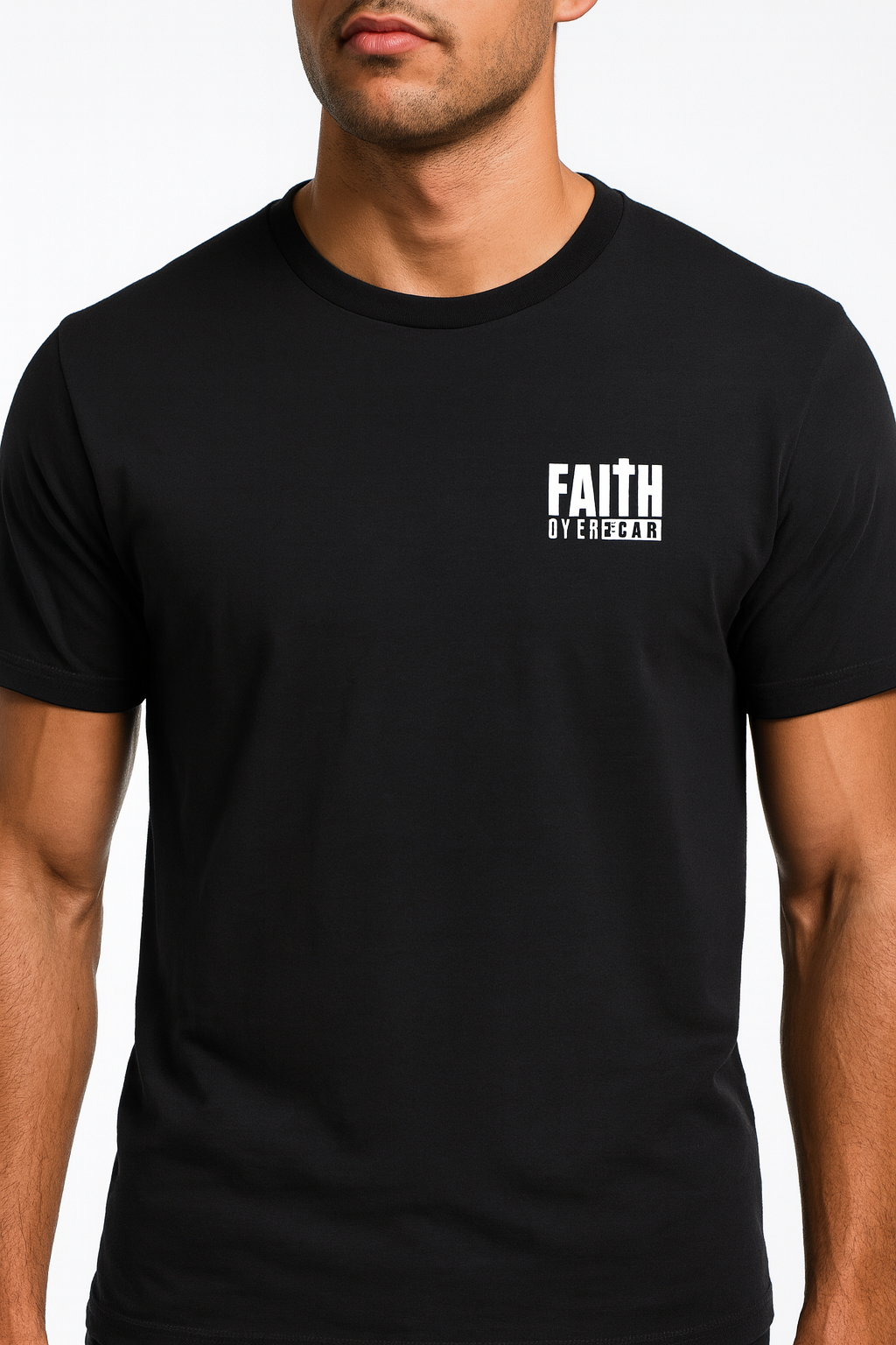 Black t-shirt with 'FAITH OVER EVERYTHING' text on a white background