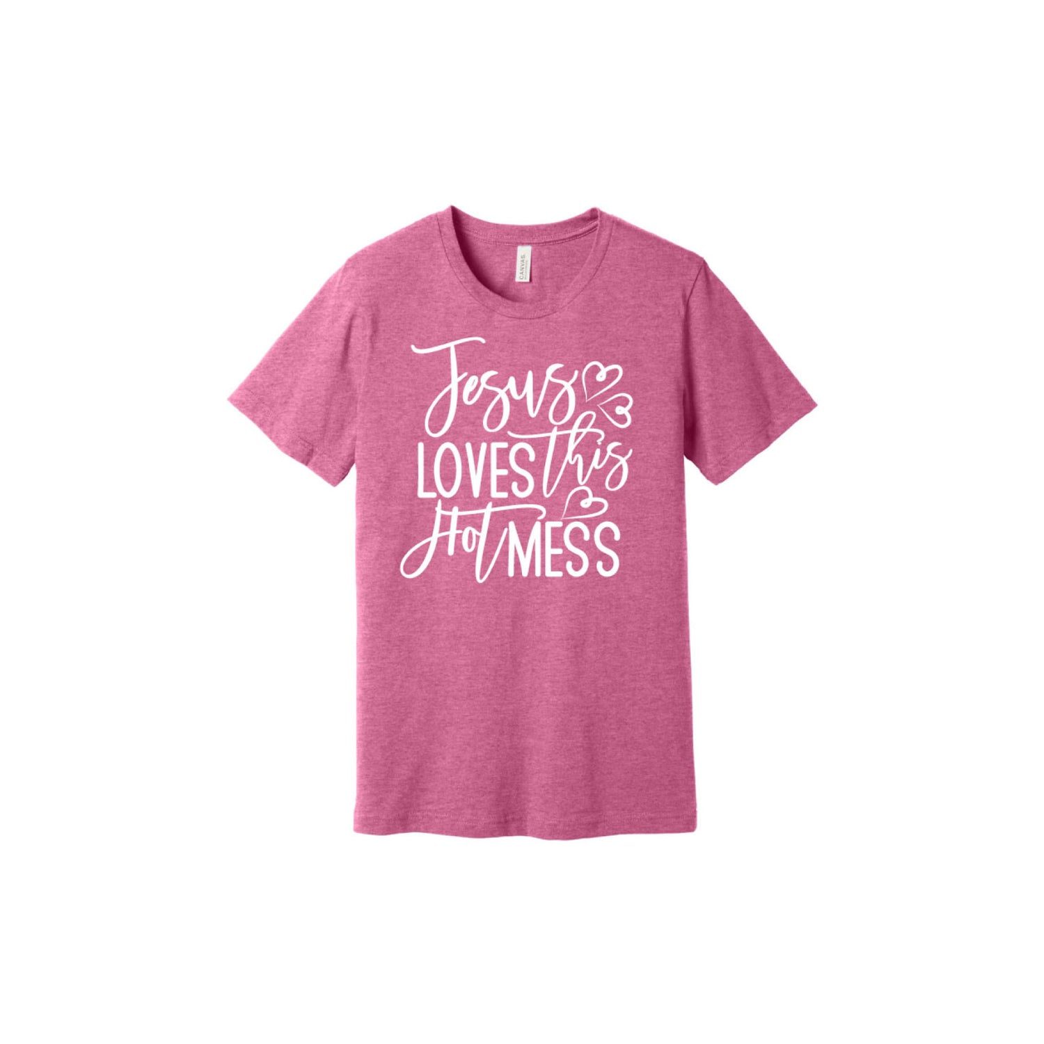 A pink t-shirt with the text 'Jesus Loves This Hot Mess' printed in white.