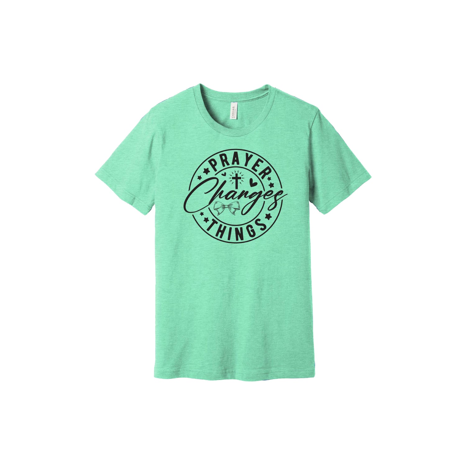 A green t-shirt with the text 'Prayer Changes Things' printed in a circular design.
