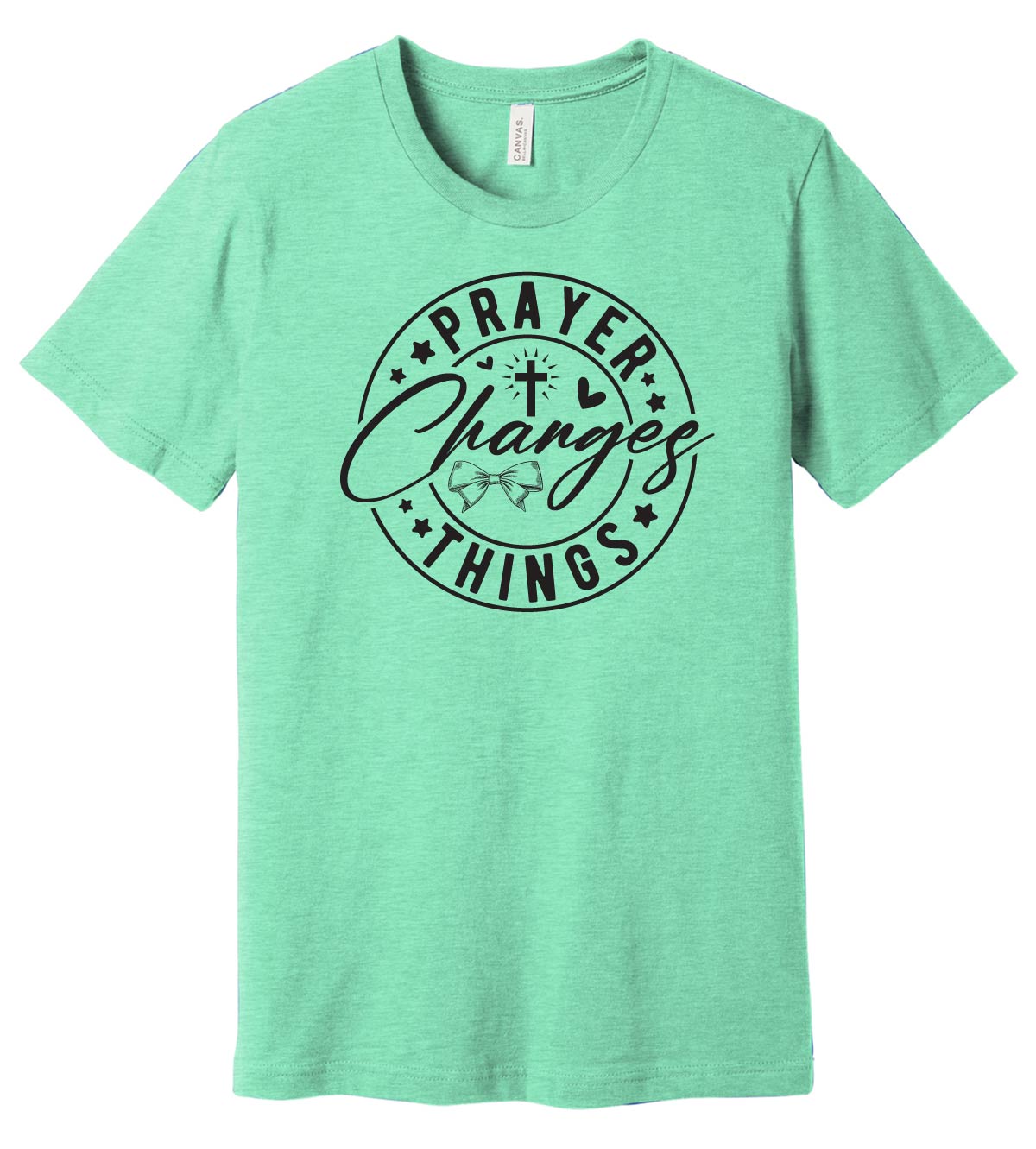 A green t-shirt with the phrase 'Prayer Changes Things' printed in a circular design with decorative elements.