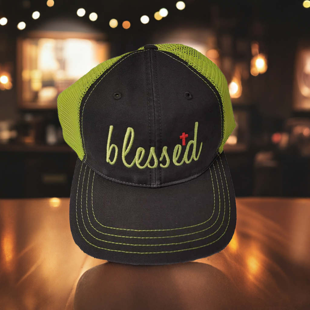 Blessed hat sitting on a counter
