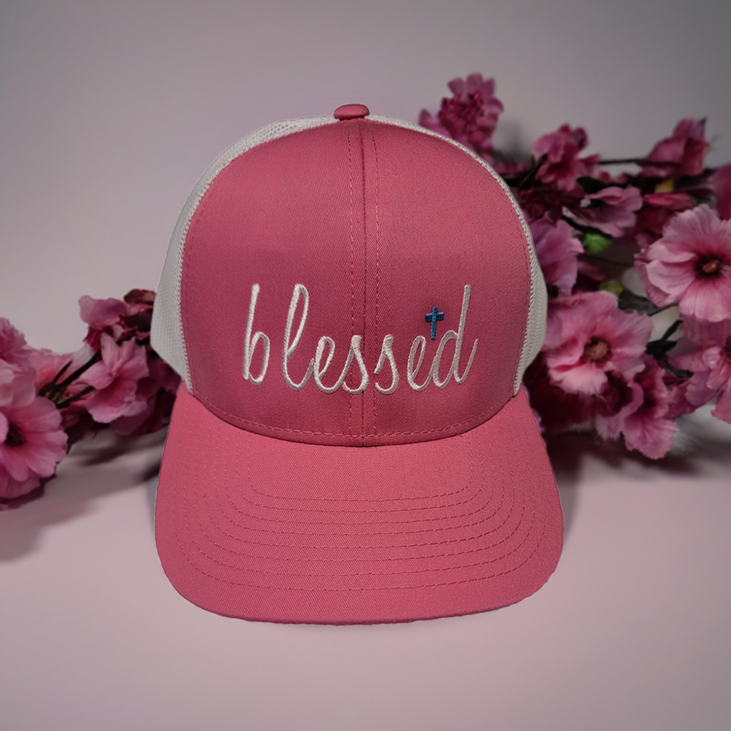 Blessed hat sitting on a counter