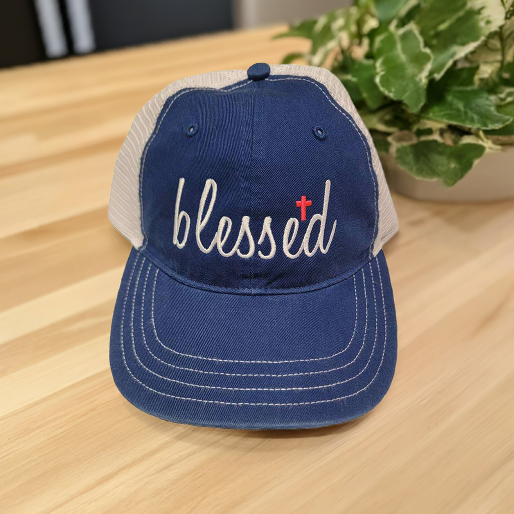 Blessed hat sitting on a countertop