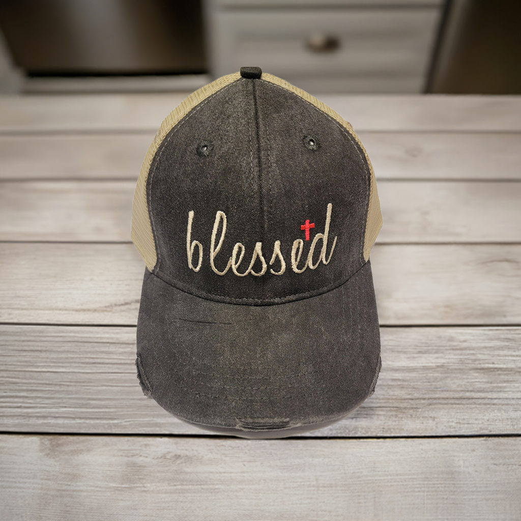 Blessed hat sitting on a counter